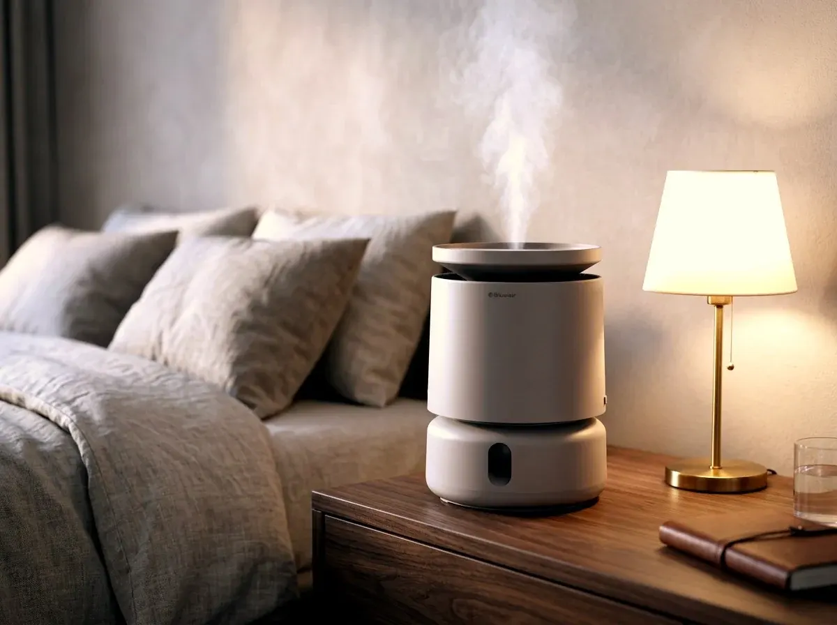مرطب DreamWell داخل غرفة نوم حديثة في الرياض مع إطلالة على المدينة