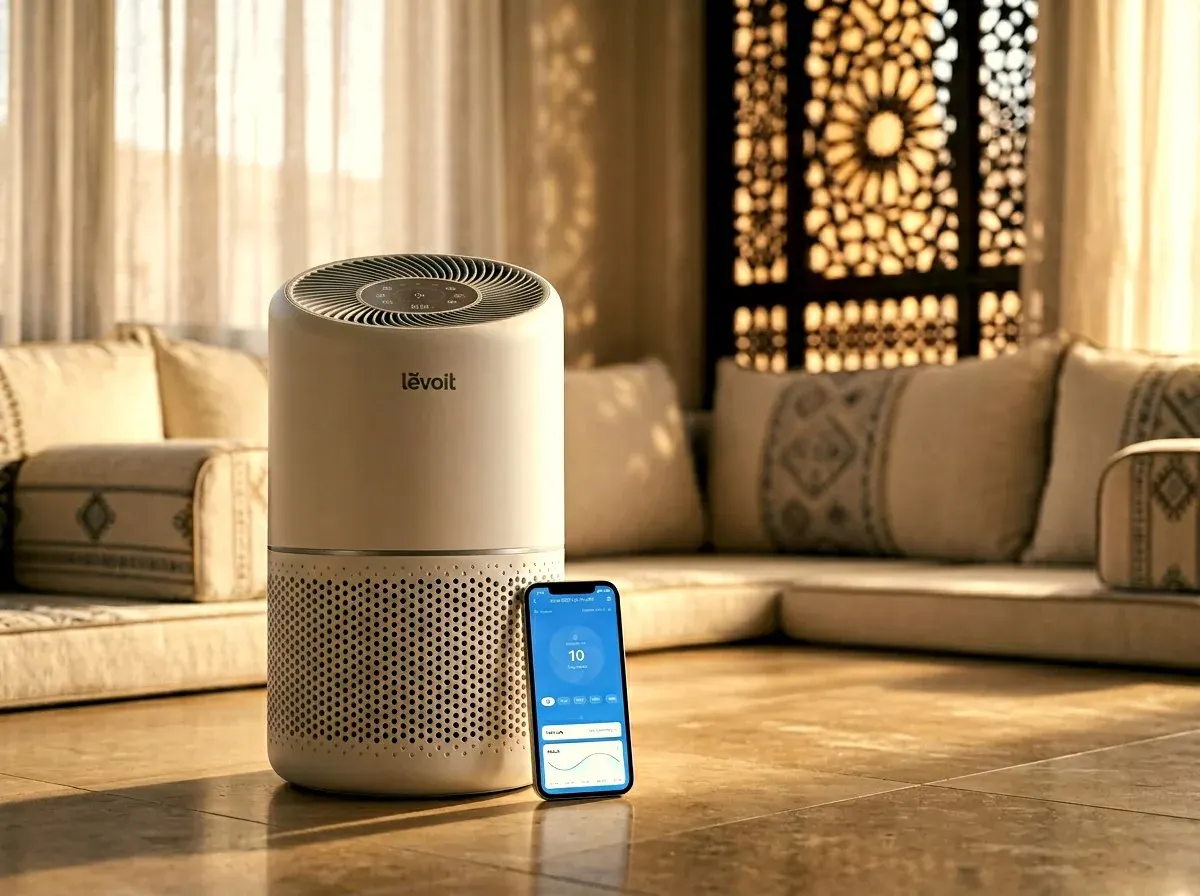 جهاز Levoit Core 300S لتنقية الهواء داخل غرفة معيشة في الرياض بتفاصيل داخلية سعودية